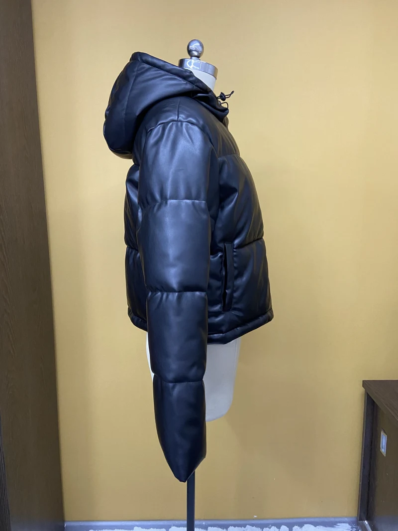 Women's Outwear Zip Puffer Jacket Faux leather Jacket female Short Winter Coat  — view 3