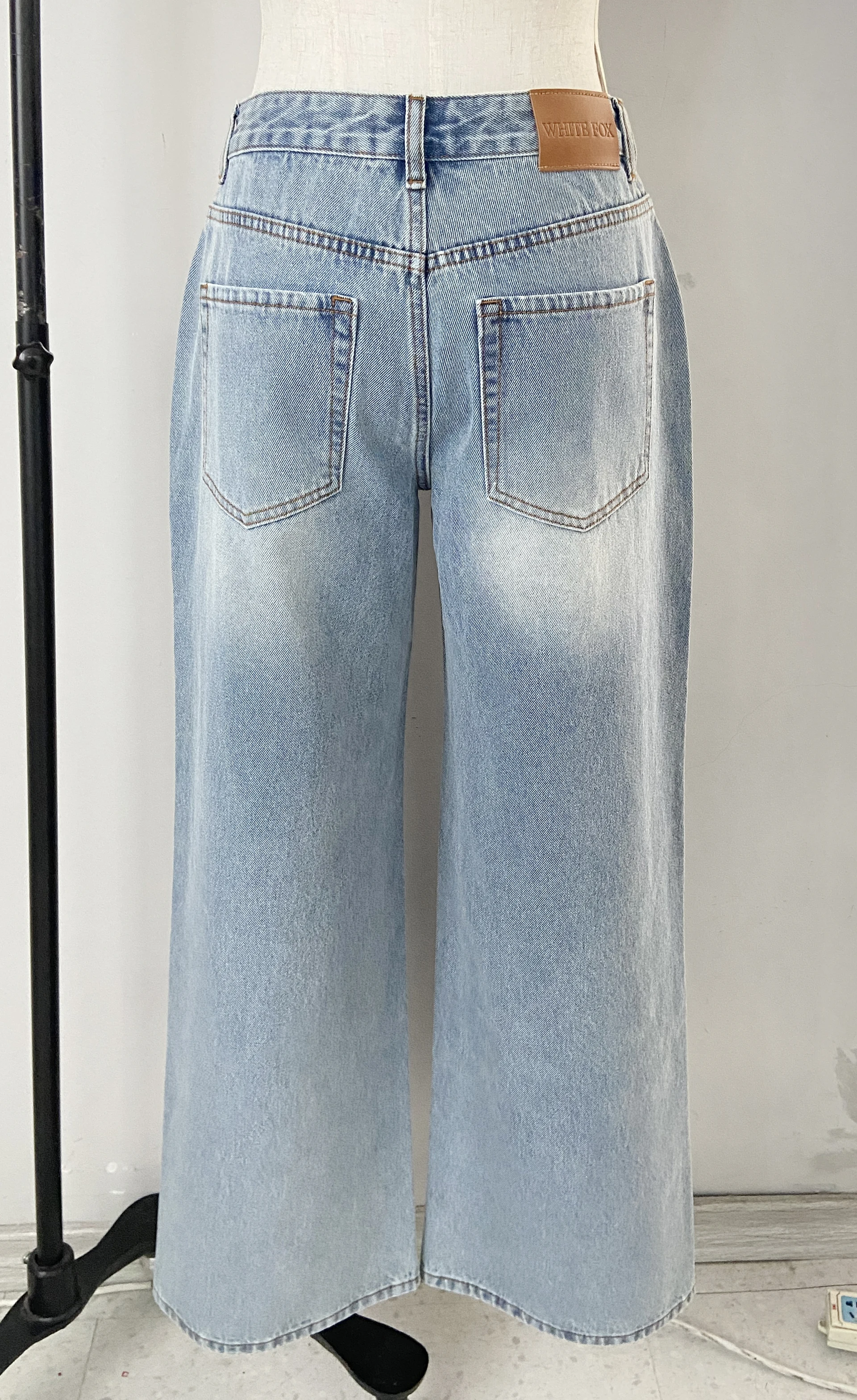 Wide Leg Jeans In Washed Blue Denim Wash Drawstring Jeans Pants  — view 2