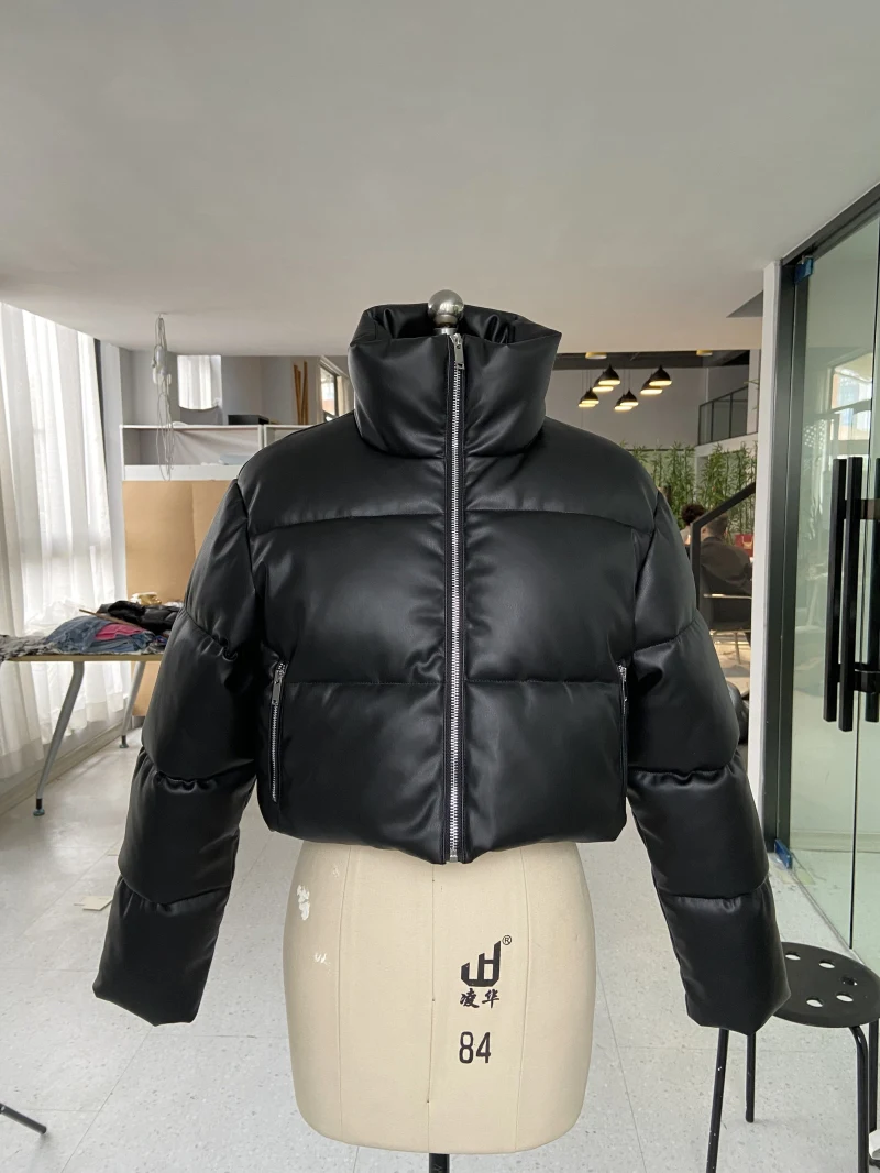 Women's Outwear Puffer Jacket Faux leather Jacket female Short Winter Coat  — view 3