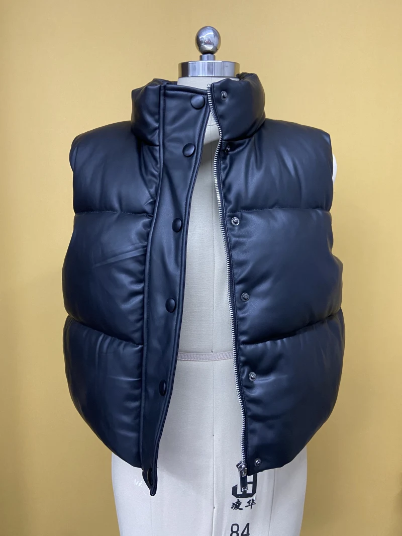 copy of Women's Outwear Zip Puffer Vest Faux leather Wasitcoat female Short Winter Coat  — view 3