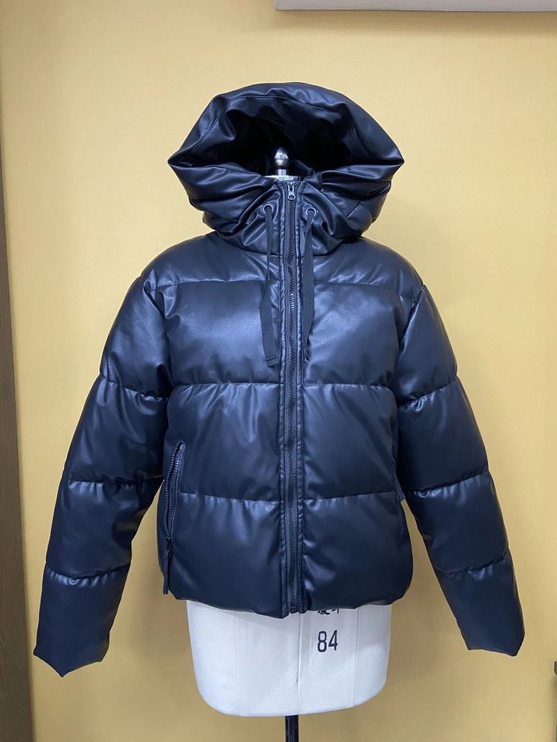 Women's Outwear Zip Puffer Jacket Faux leather Jacket female Short Winter Coat  — view 2