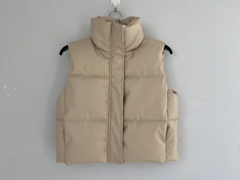 Women's Outwear Zip Puffer Vest Faux leather Wasitcoat female Short Winter Coat  — view 3