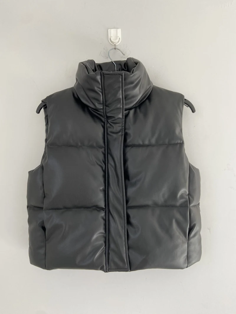 Women's Outwear Zip Puffer Vest Faux leather Wasitcoat female Short Winter Coat 