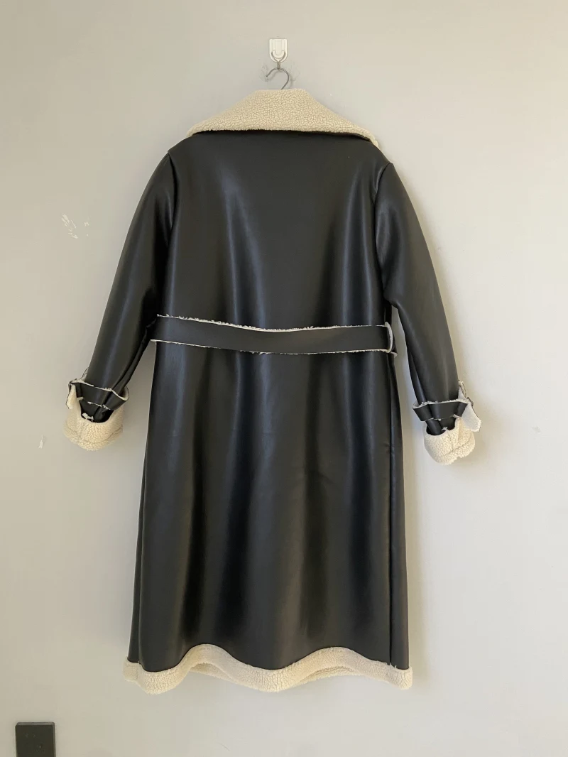 Women's outwear faux leather trench coat Adult maxi overcoat belted topcoats — view 2