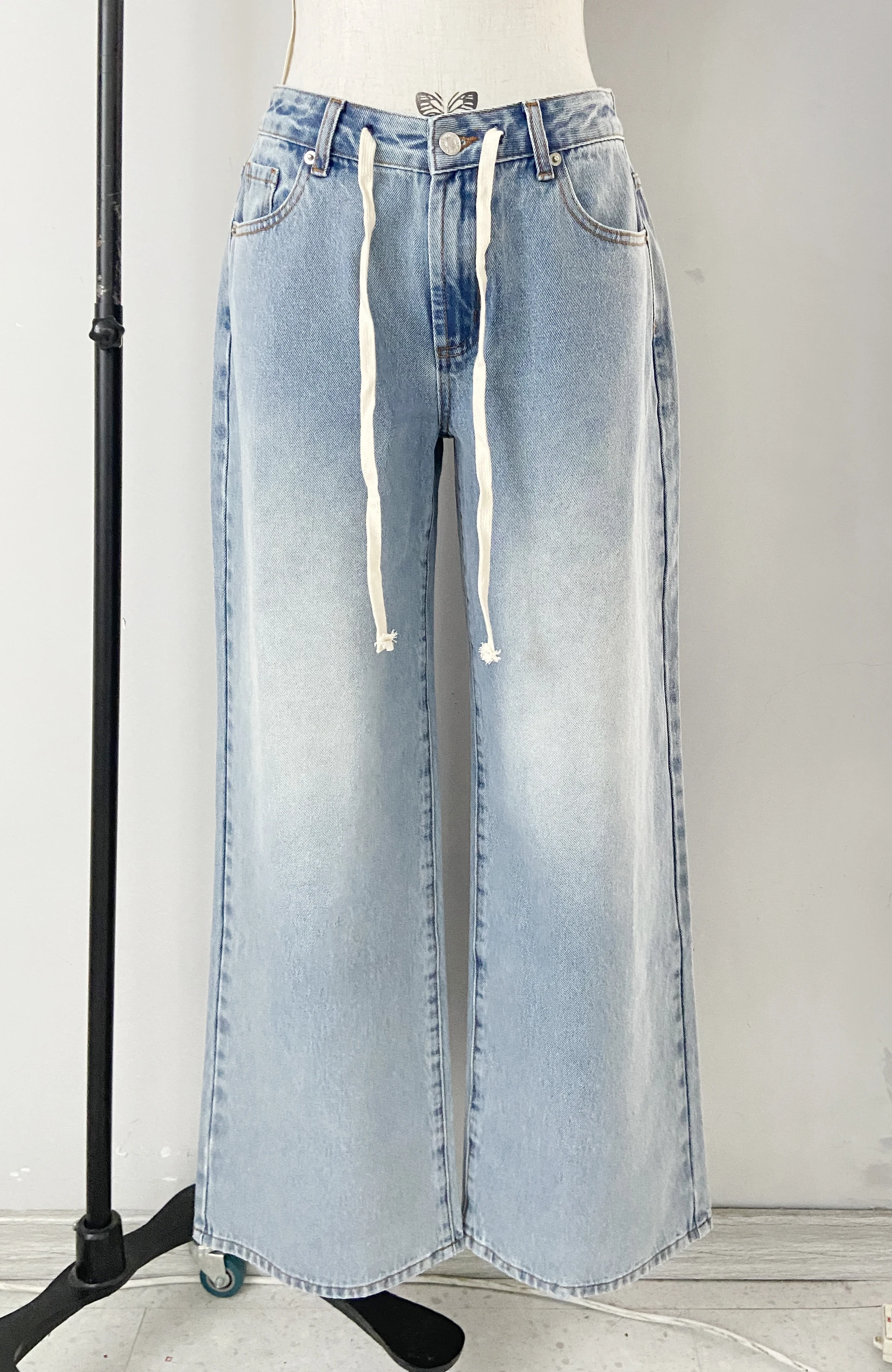 Wide Leg Jeans In Washed Blue Denim Wash Drawstring Jeans Pants 