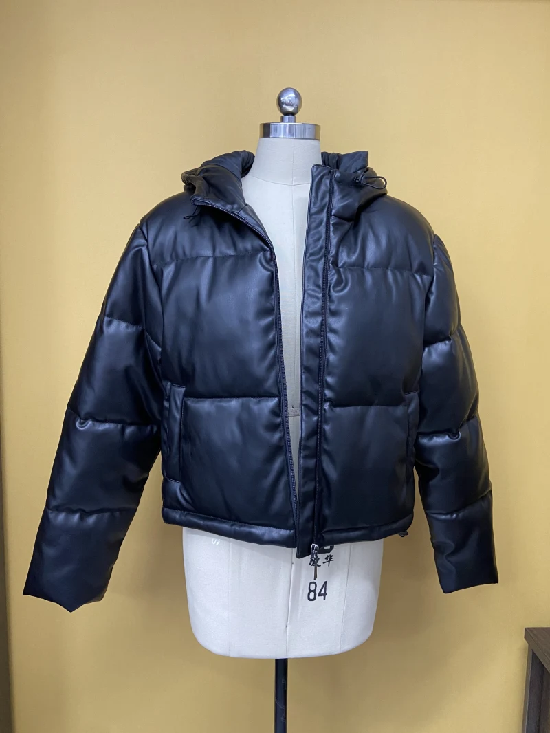 Women's Outwear Zip Puffer Jacket Faux leather Jacket female Short Winter Coat  — view 2