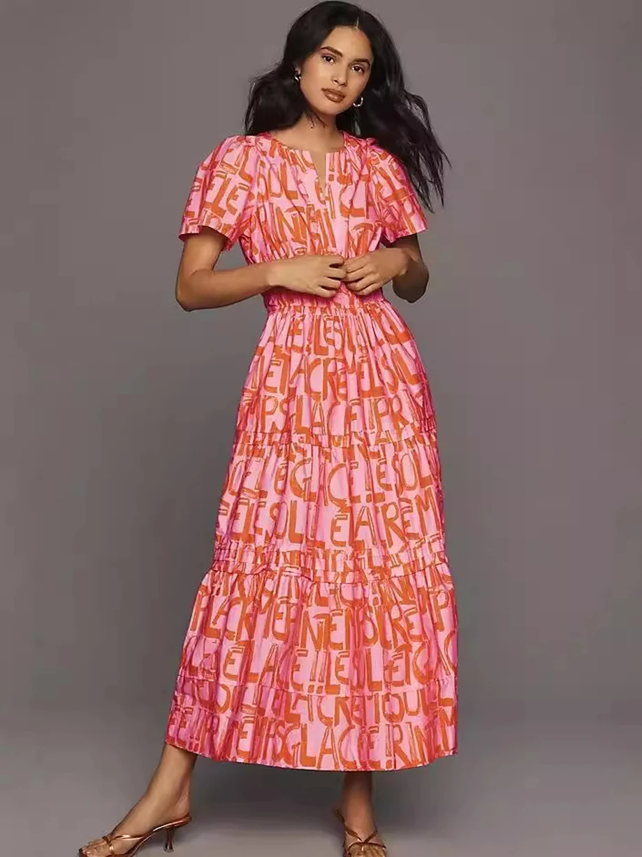 Elastic waist short sleeve printed dress,Day dress,Daily dress