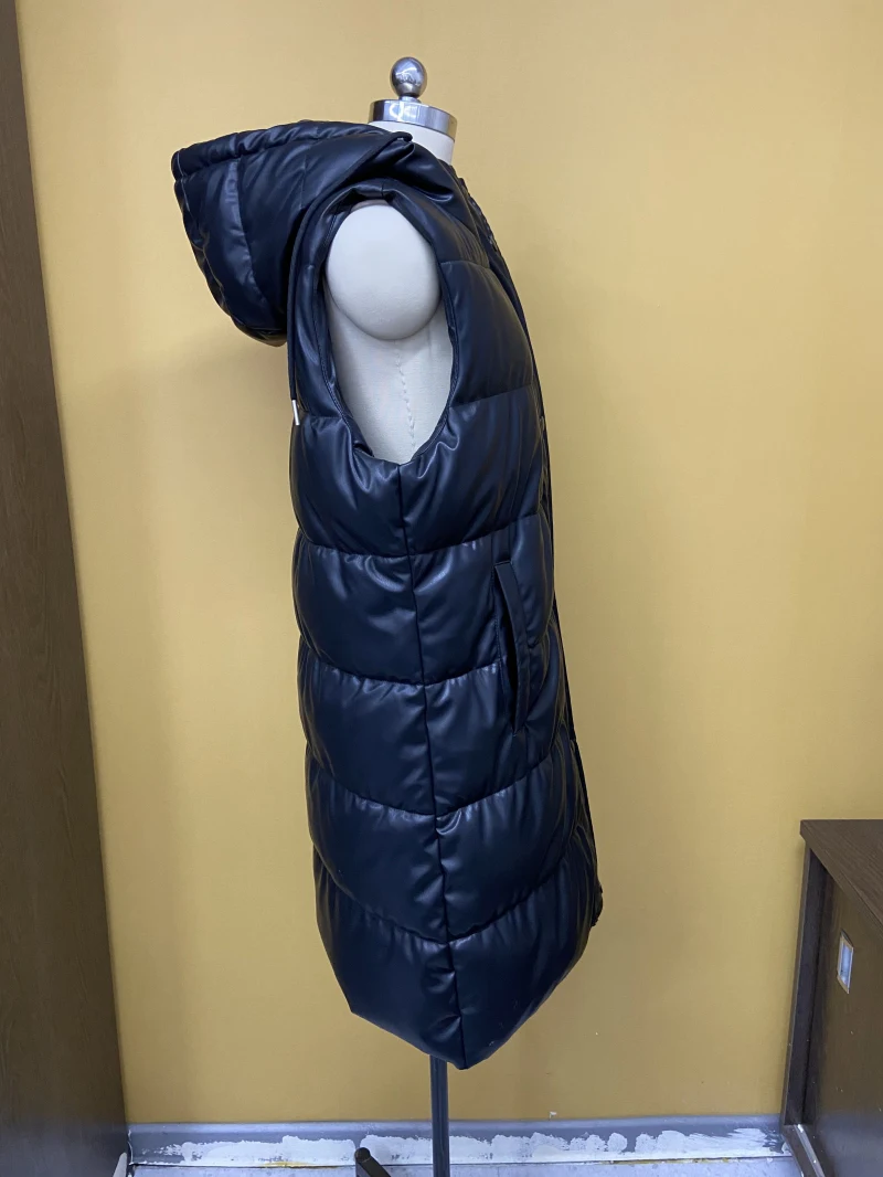 Women's Hooded Outwear Zip Puffer Vest Faux leather Wasitcoat female Short Winter Coat  — view 2