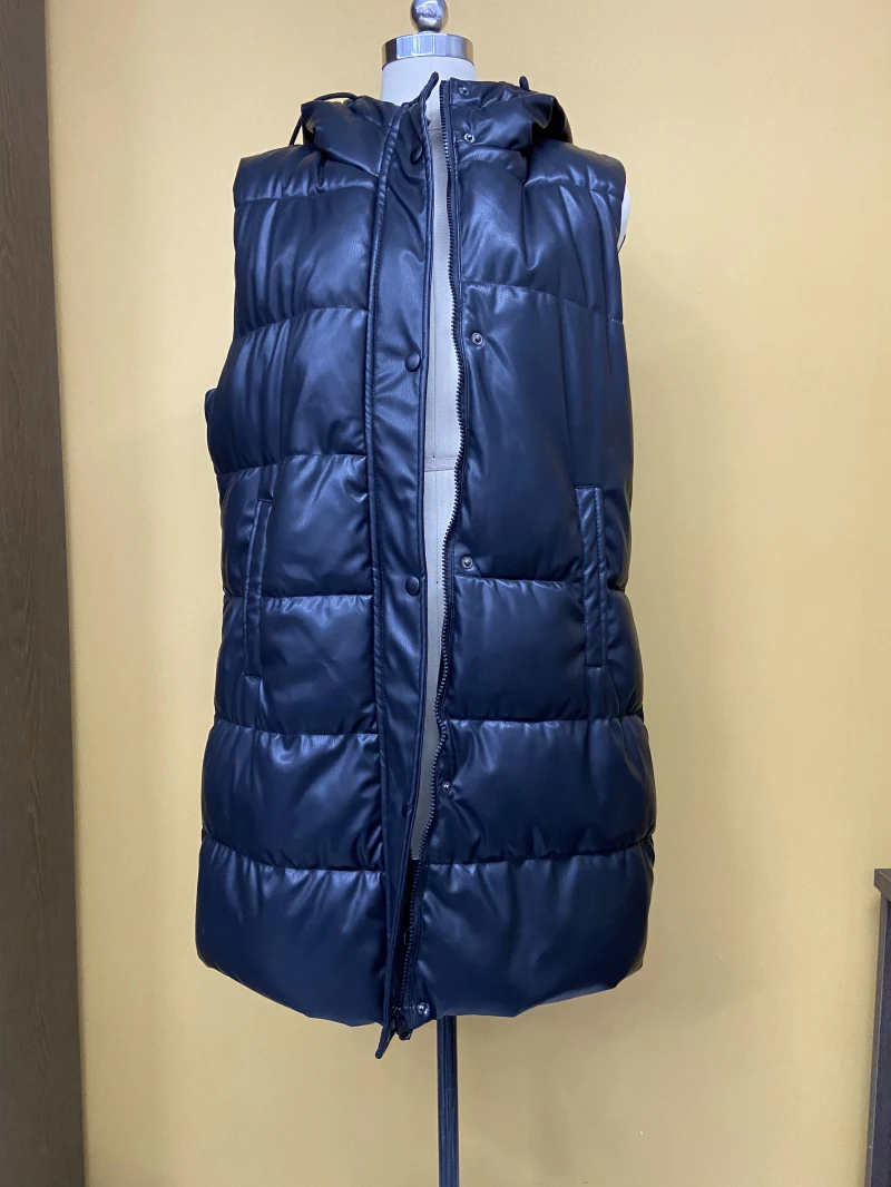 Women's Hooded Outwear Zip Puffer Vest Faux leather Wasitcoat female Short Winter Coat 