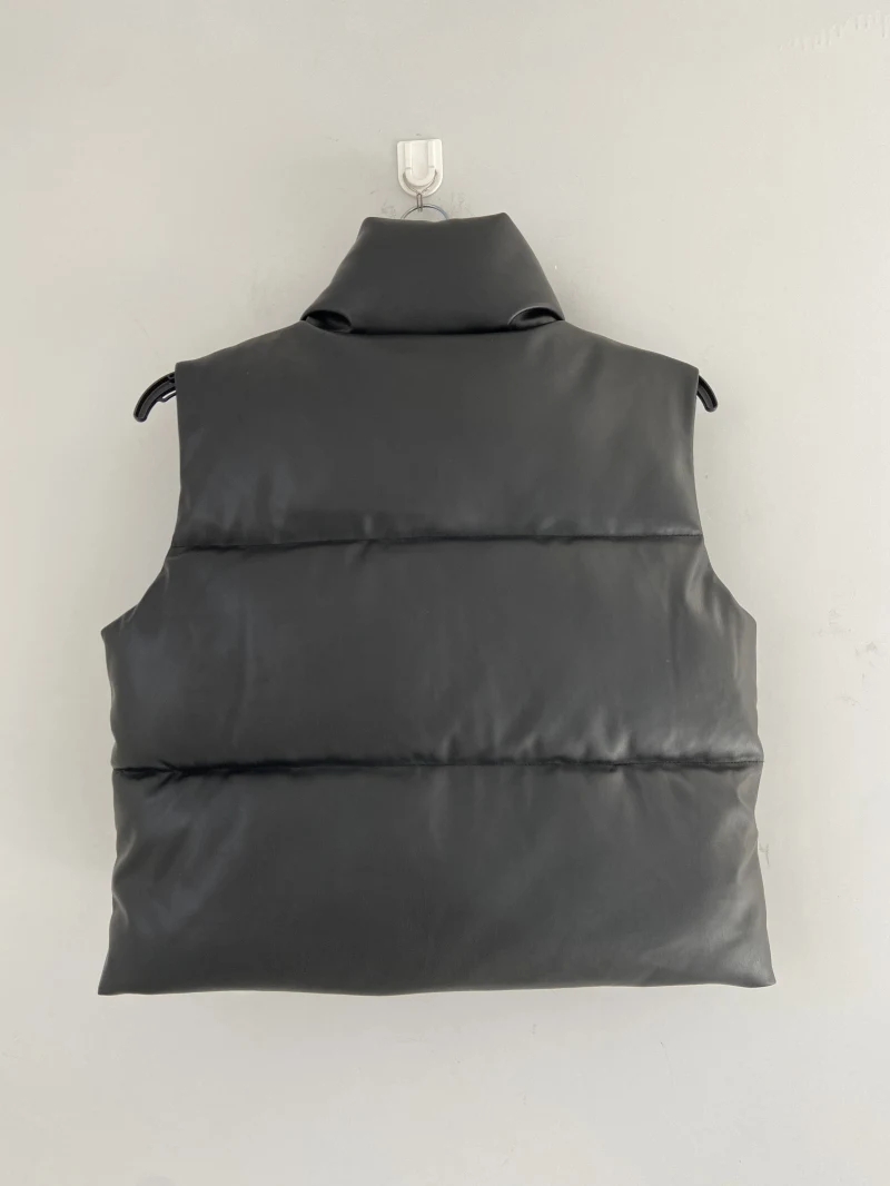 Women's Outwear Zip Puffer Vest Faux leather Wasitcoat female Short Winter Coat  — view 4