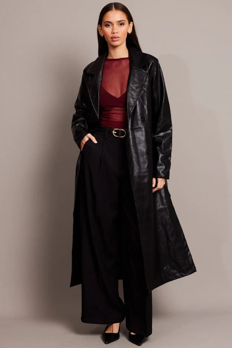 Women's outwear faux leather trench coat Adult maxi overcoat belted topcoats — view 4