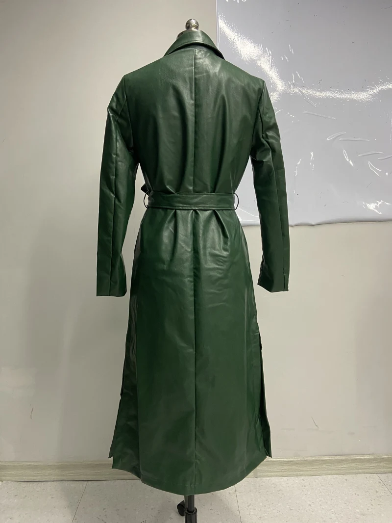 Women's outwear faux leather trench coat Adult maxi overcoat belted topcoats — view 6