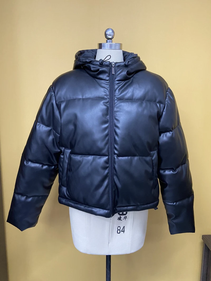 Women's Outwear Zip Puffer Jacket Faux leather Jacket female Short Winter Coat 