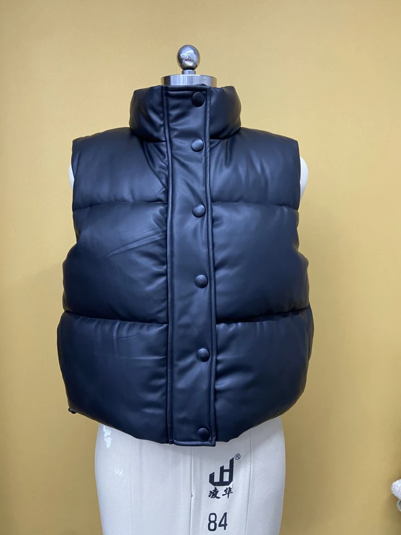 copy of Women's Outwear Zip Puffer Vest Faux leather Wasitcoat female Short Winter Coat 
