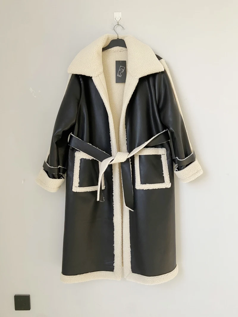 Women's outwear faux leather trench coat Adult maxi overcoat belted topcoats