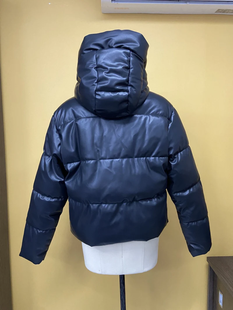 Women's Outwear Zip Puffer Jacket Faux leather Jacket female Short Winter Coat  — view 5