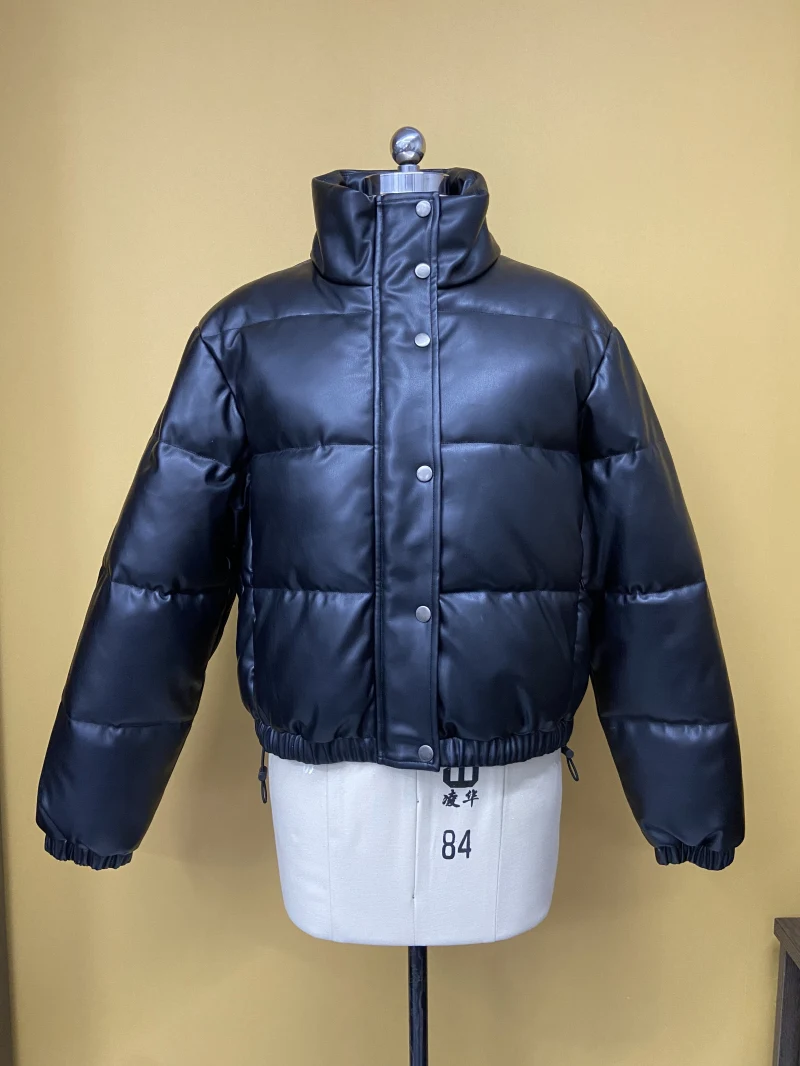 Women's Outwear Zip Puffer Jacket Faux leather Jacket female Short Winter Coat 