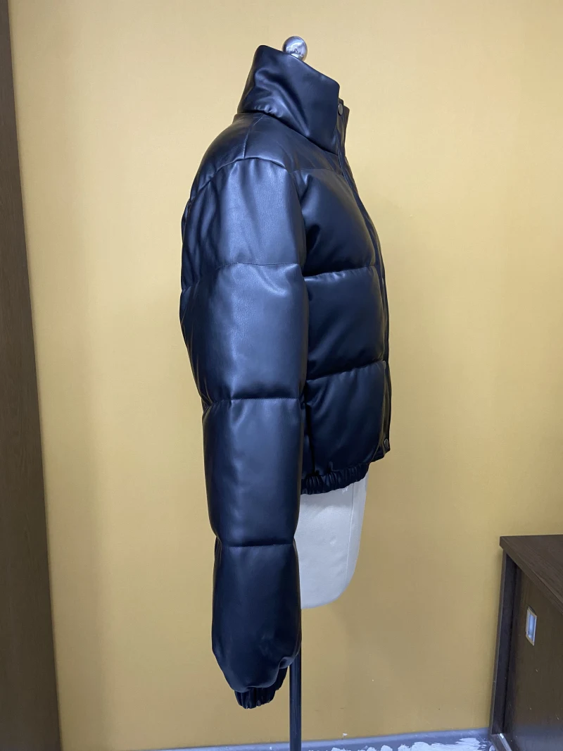 Women's Outwear Zip Puffer Jacket Faux leather Jacket female Short Winter Coat  — view 2