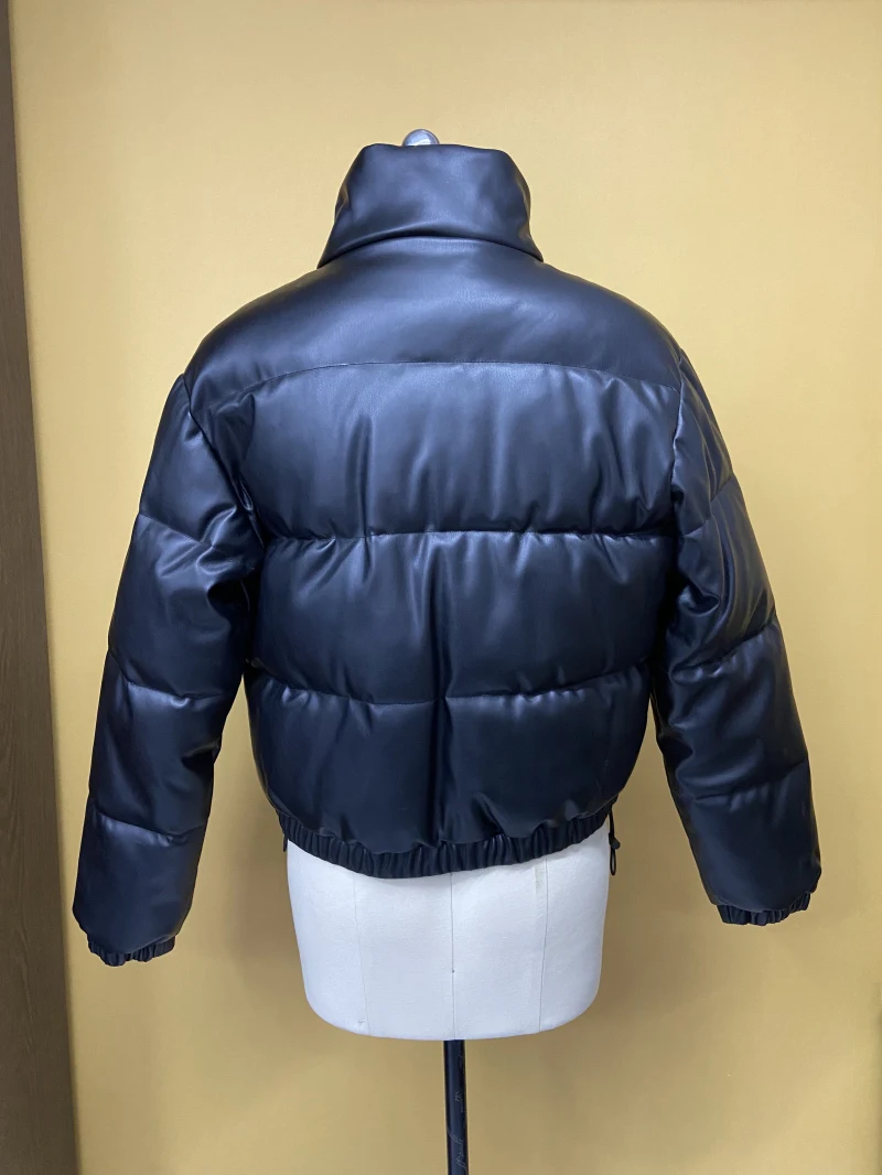 Women's Outwear Zip Puffer Jacket Faux leather Jacket female Short Winter Coat  — view 3