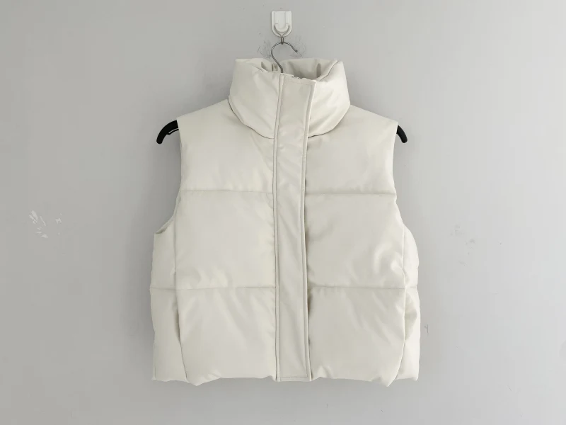 Women's Outwear Zip Puffer Vest Faux leather Wasitcoat female Short Winter Coat  — view 2