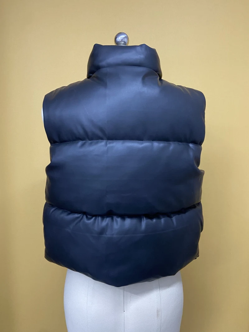 copy of Women's Outwear Zip Puffer Vest Faux leather Wasitcoat female Short Winter Coat  — view 2