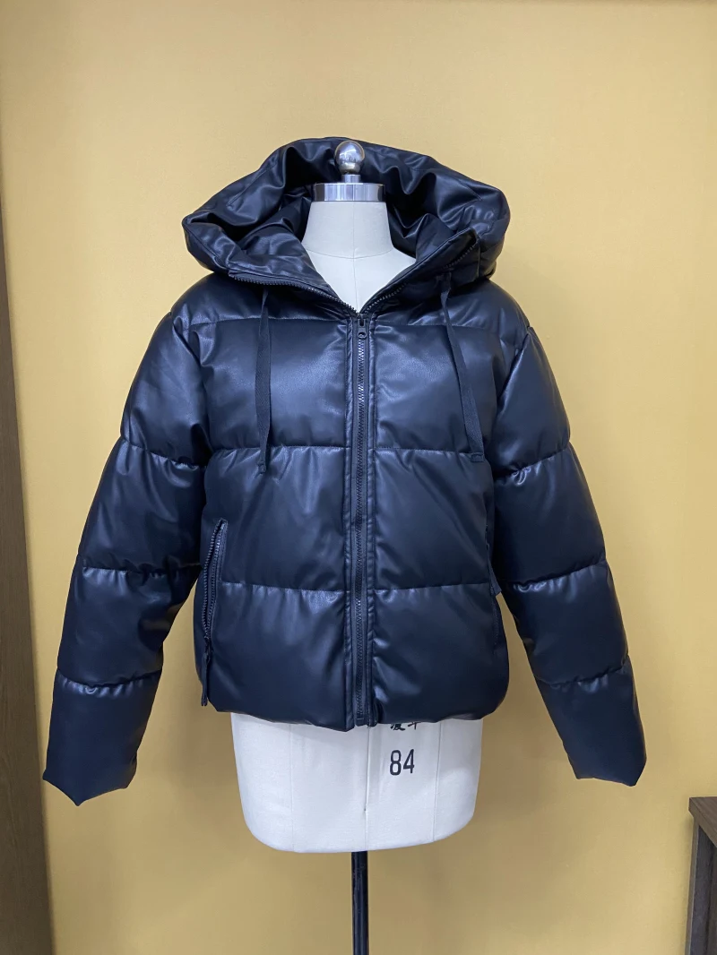 Women's Outwear Zip Puffer Jacket Faux leather Jacket female Short Winter Coat 