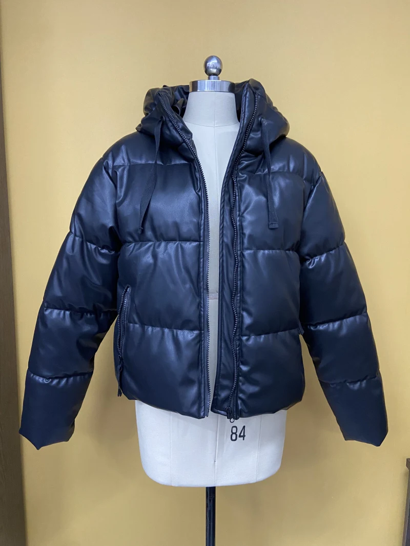 Women's Outwear Zip Puffer Jacket Faux leather Jacket female Short Winter Coat  — view 3