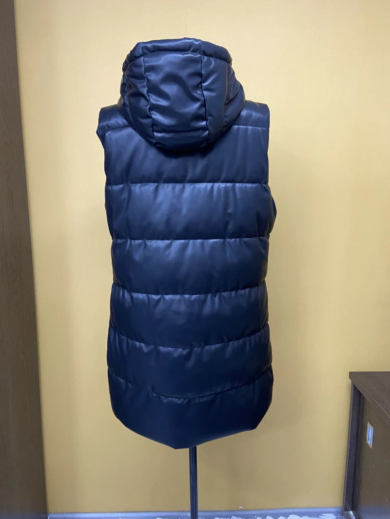 Women's Hooded Outwear Zip Puffer Vest Faux leather Wasitcoat female Short Winter Coat  — view 3